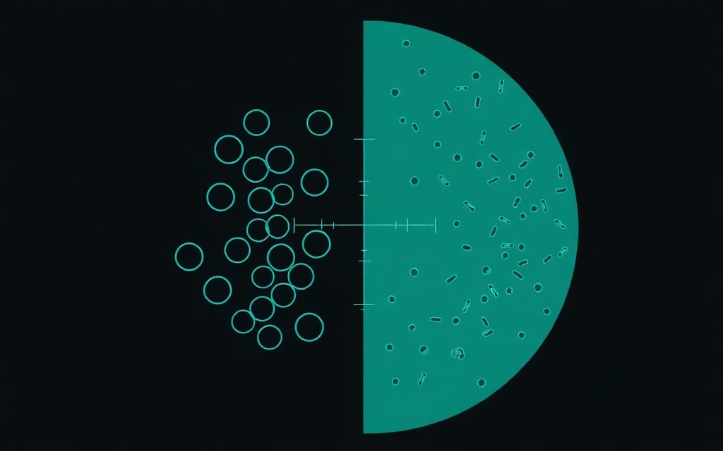 Diagrama de campo microscópico com cocos em cachos à esquerda e bacilos à direita
