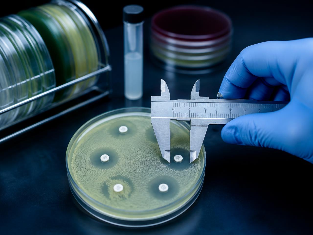 Laboratory professional measuring antibiotic disk inhibition zones with calipers on a Mueller-Hinton plate